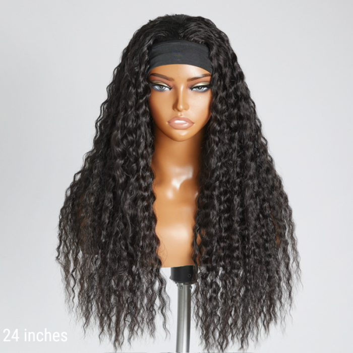 Boho-Chic | Throw On \u0026 Go Flowy Bohemian Curly Headband Long Wig 100% Human Hair (Get Free Trendy Headband)