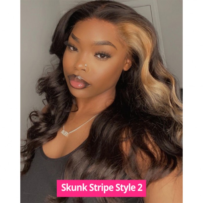 Lytinroop Blonde Skunk Stripe Hair Natural Body Wave Hairstyle Lace Wigs for Women