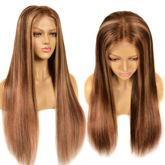 Lytinroop Dark Brown Wig With Honey Blonde Highlights Streaks in Front #P4/27 Ombre Human Hair Wig