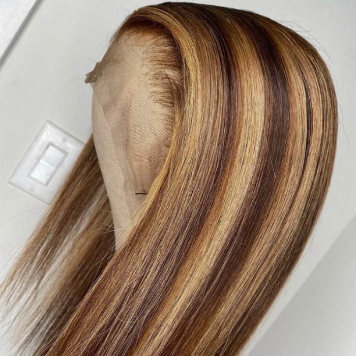 Dark Brown Wig With Honey Blonde Highlights Streaks in Front Ombre Human Hair Wig