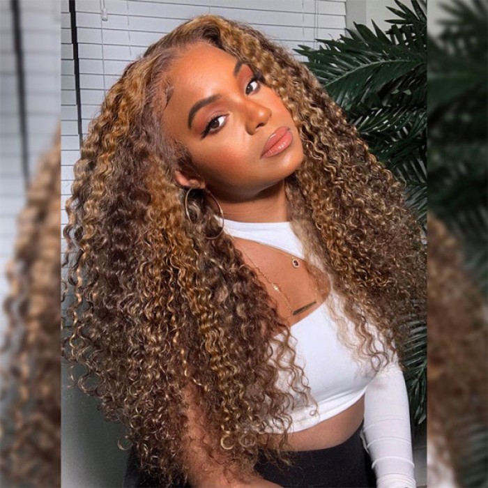 Highlight Wig Deep Wave Wig With Highlights Brown Wigs With Blonde Highlights Deep Curly Human Hair Wigs