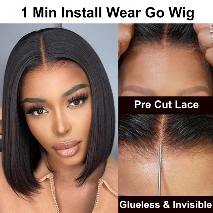 Lytinroop Wear Go 6x4.5 Pre-Cut Lace Natural Black Glueless Bob Air Wig