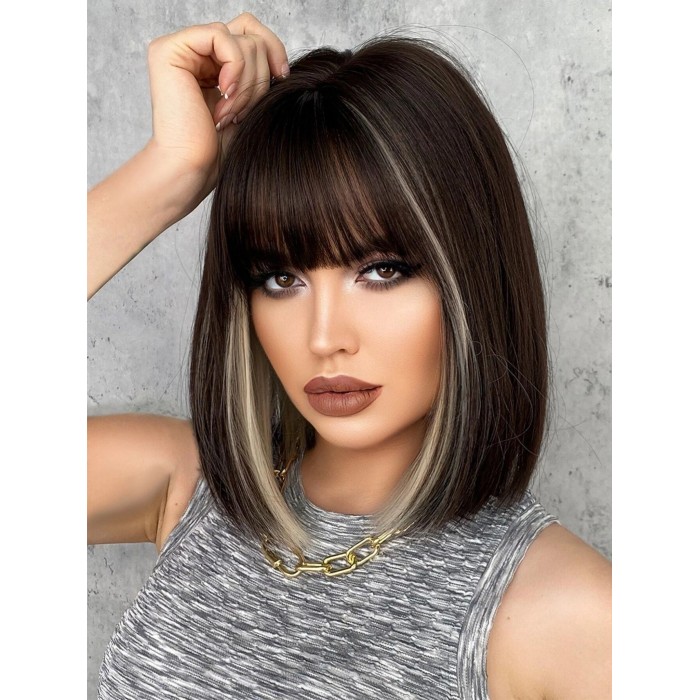 Lytinroop Two Tone Short Straight Synthetic Wig With Bangs