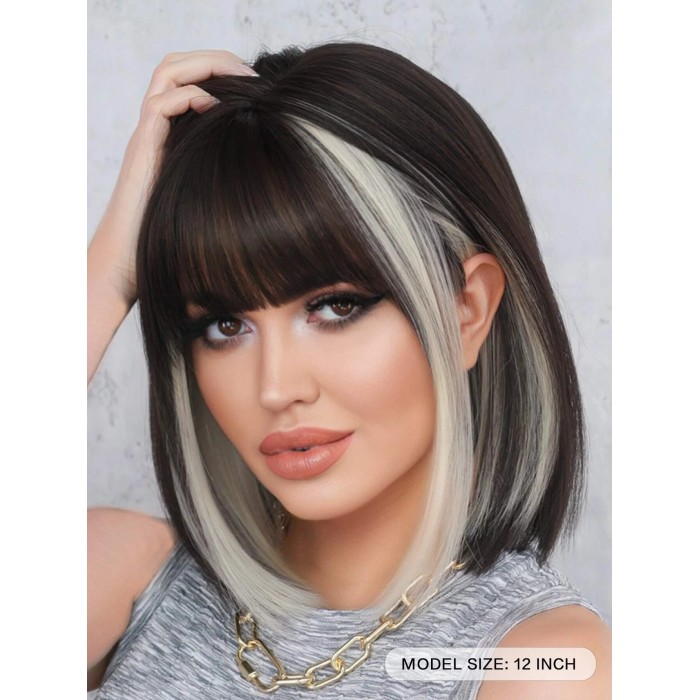Lytinroop Two Tone Short Straight Synthetic Wig With Bangs